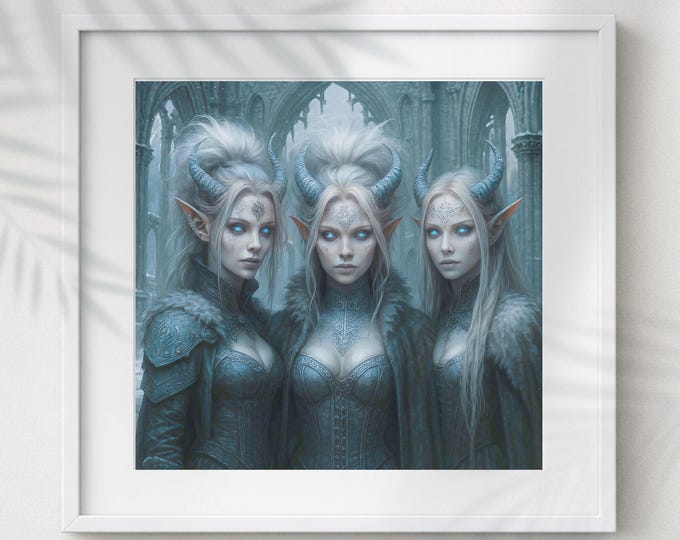 Gothic Horned Frost Queens Printable Art – Dark Fantasy Medieval Dracon Sisters Artwork