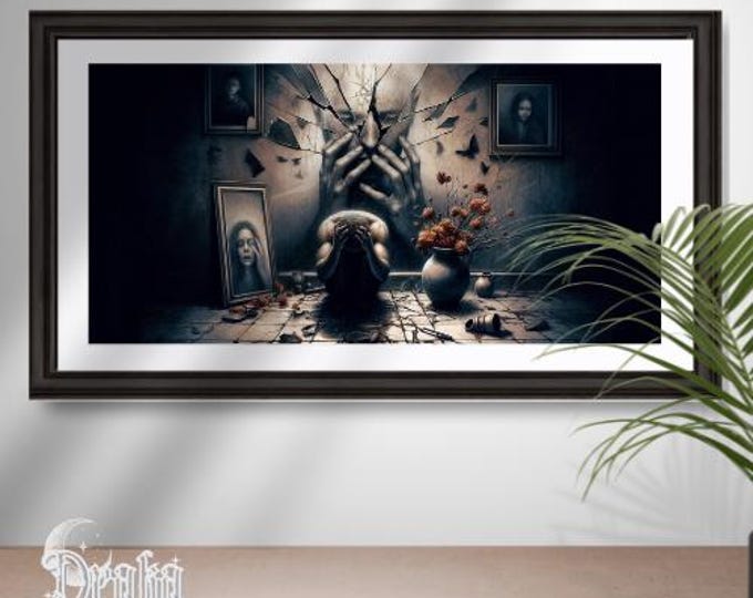 Surreal Gothic Digital Art, Shattered Self, Grief and Identity (Printable Download)