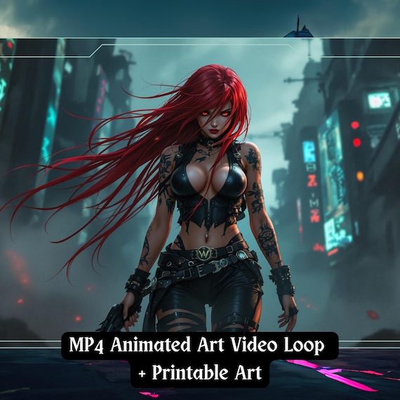 Anime Cyberpunk Wall Art: Neon Warrior Scene (Digital Print + MP4 Loop)