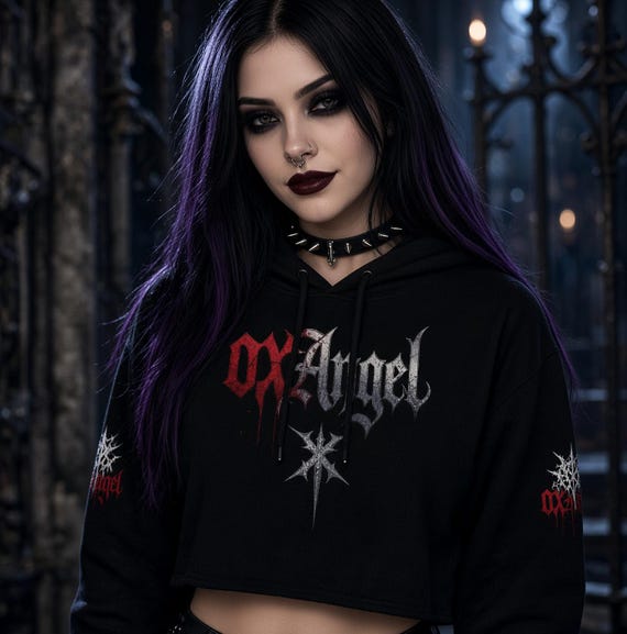 oxAngel Gothic Crop Hoodie  • Dark Alt Streetwear • Metallic Red & Silver Logo
