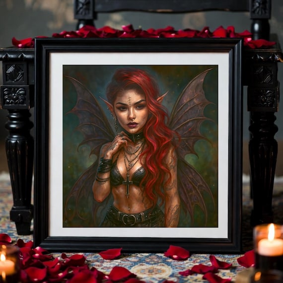 Vespera Thornwing – Gothic Fairy Printable Art | Dark Fantasy Print, Enchanted Red Fae (Digital Download)