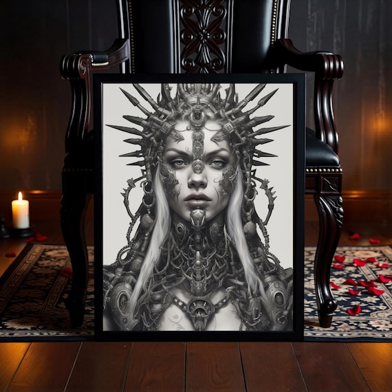 Digital Art Print: Futuristic Cyberpunk Priestess - Gothic Sci-Fi