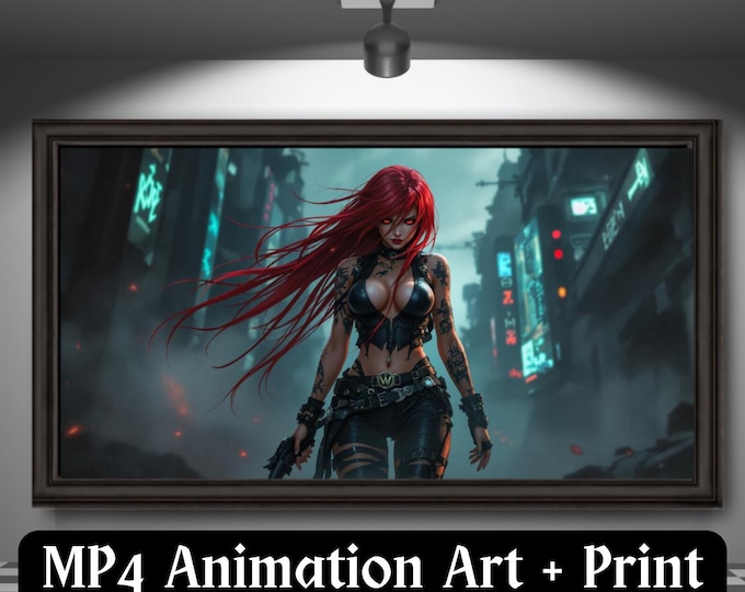 Anime Cyberpunk Wall Art: Neon Warrior Scene (Digital Print + MP4 Loop)