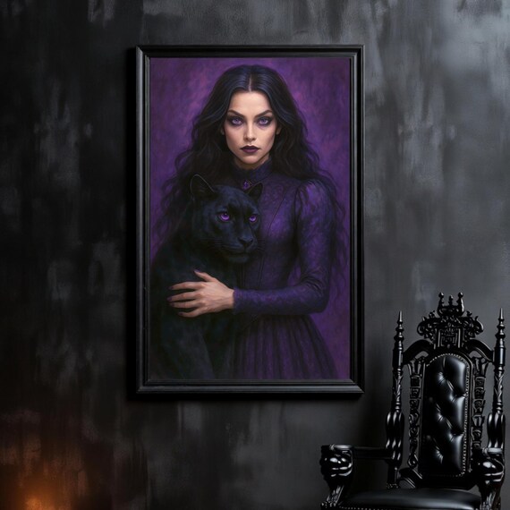 Purple Oracle Witch Art Printable - Panther Familiar Pet Art - Gothic Fantasy Decor (Instant Download)