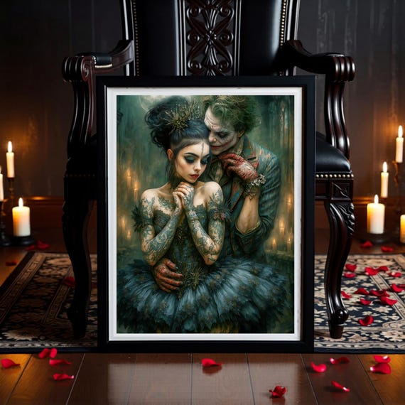 Dark Joker and Gothic Ballerina Art - Couple Digital Print  - Fantasy Gothic bedroom Wall Decor