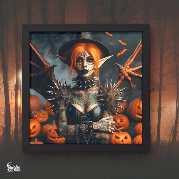 Halloween Gothic Elf Fantasy Witch Wall Art; Named 'Pumpkin Pie' (Digital Download)