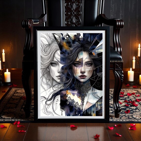 Dark Fantasy Woman Portrait Wall Art Printable - Shattered Glass Gothic Surreal Art - Digital Download