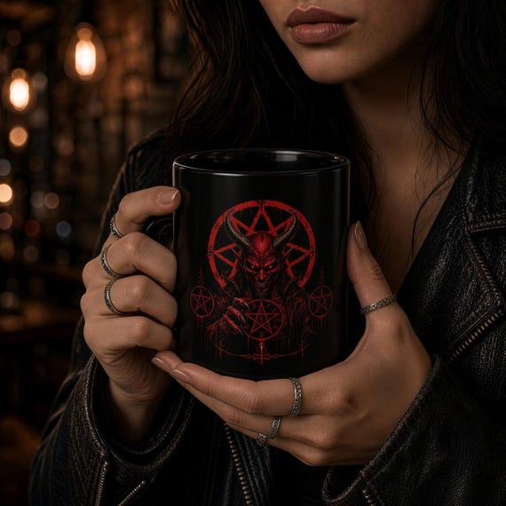 Gothic Demon Pentagram Mug • Red Occult Art, Glossy Black Ceramic (11oz/15oz)