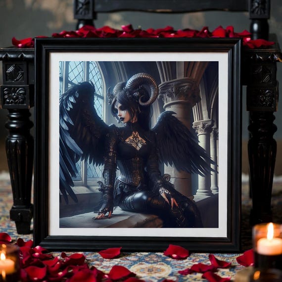 Gothic Fantasy Horned  Dark Angel Printable Artwork – Dark Cathedral Winged Witch print - Digital Download