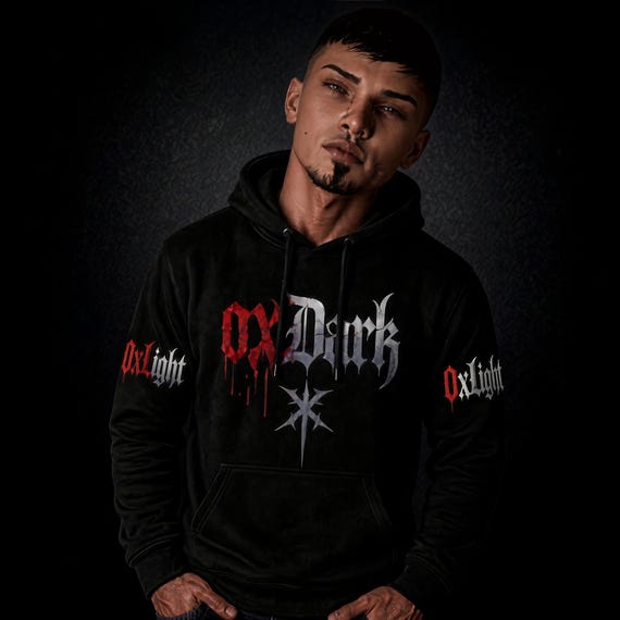 OxDark Heavyweight Gothic Hoodie | Unisex Hooded Sweatshirt | OxLight Sleeve Print | Dark Pullover | Alt Fashion