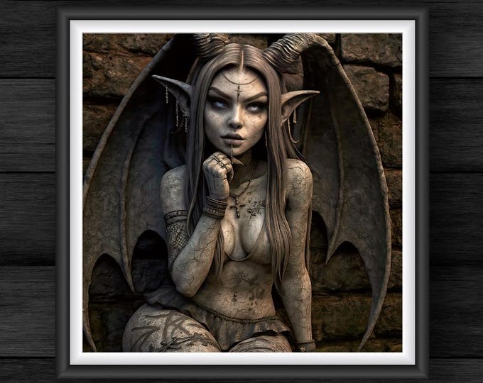 Gothic Wall Art Print: Horned Angel Gargoyle - Dark Fantasy Digital Download