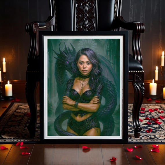 Amethyst Dragoness Art • Gothic Sorceress & Dragon Print • Mythical Creature Wall Art • Digital Download