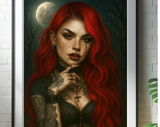Gothic Red Haired Women Printable Artwork – 'Moonbrand Seraphine' Rock Chic Moonlight Portrait