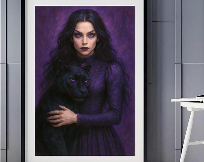 Purple Witch Art Print, Panther Familiar, Gothic Fantasy (Digital Download)