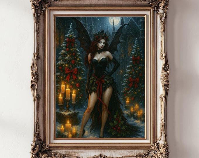 Dark Fantasy Pinup Christmas winged Fairy Printable Art - Gothic Winter Holiday Enchantress Art