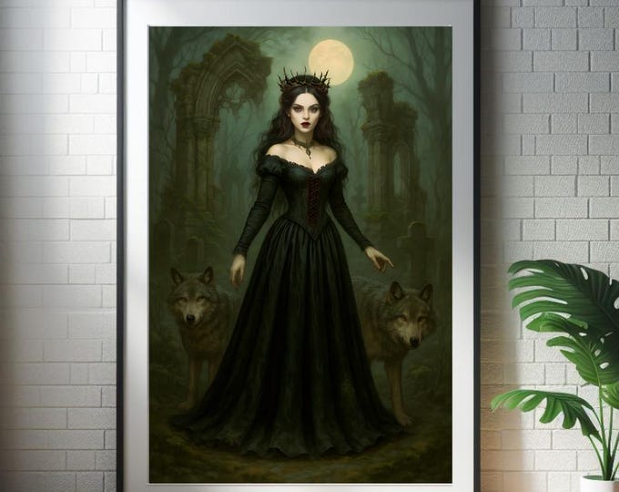 Gothic Wolf Maiden Art, Dark Fantasy Forest, Wolves (Digital Download)