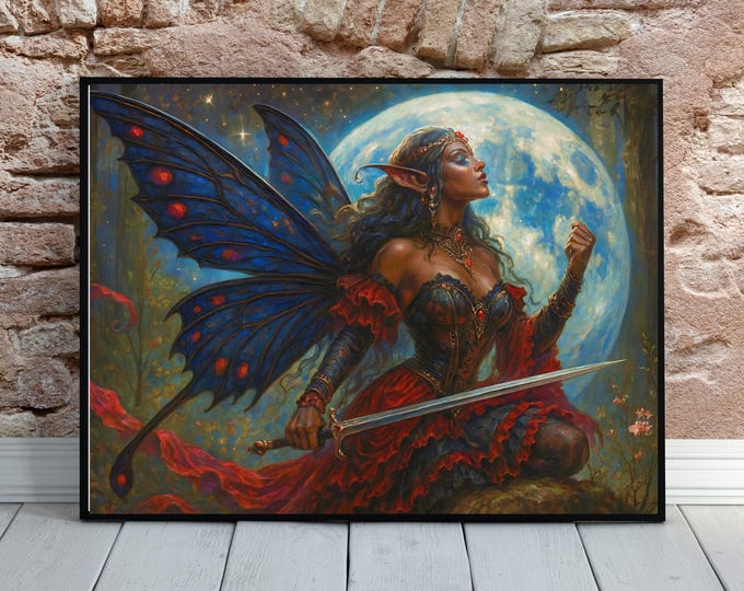 Moonforged Vow Fairy Warrior Print - Enchanted Moonlight Scene
