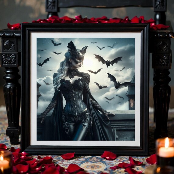 Gothic Fantasy Bat Woman Wall Art Printable - Dark Masked Enchantress Print - Witch-core Decor