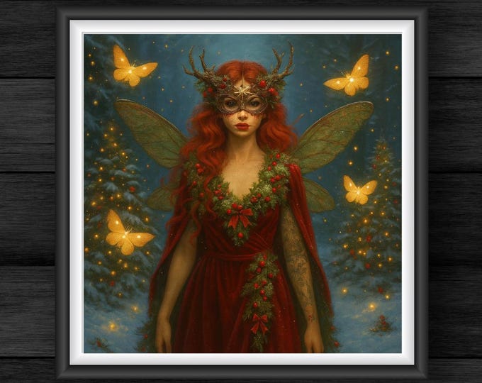 Yuletide Fairy Digital Art, Winter Fantasy (Square Printable)