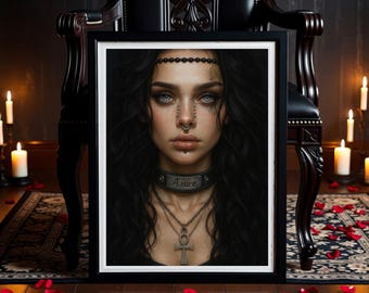 Dark Fantasy Witchy-portret – afdrukbare gotische spirituele kunst – Dark Ethereal Woman-afdruk - digitale download