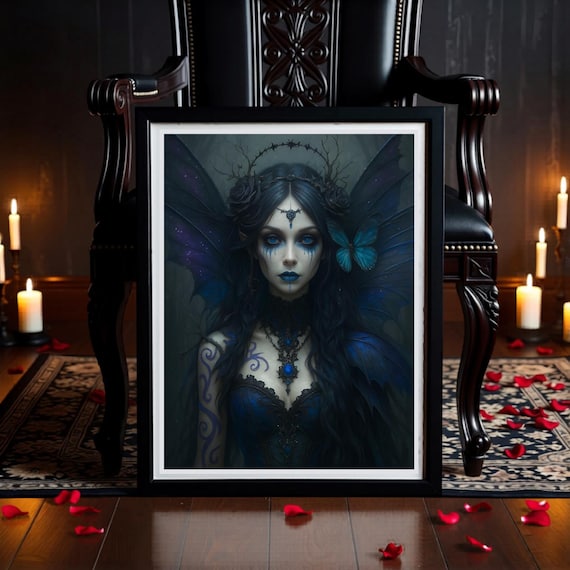 Dark Fairy Printable Art - Gothic Cosmic Wings with Blue Rose Crown