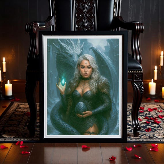 Ice Dragon Queen Wall Art Printable, Dark Frost Dragon Gothic Winter Decor, Goddess Fantasy