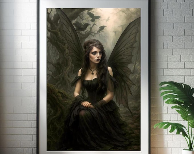 Gothic Fairy Print: Dark Raven Witch with Butterfly Wings (Digital Download)
