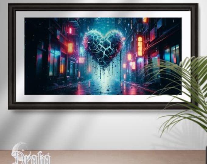 Broken Neon Heart Print: Cyberpunk Abstract Art (Digital Download)