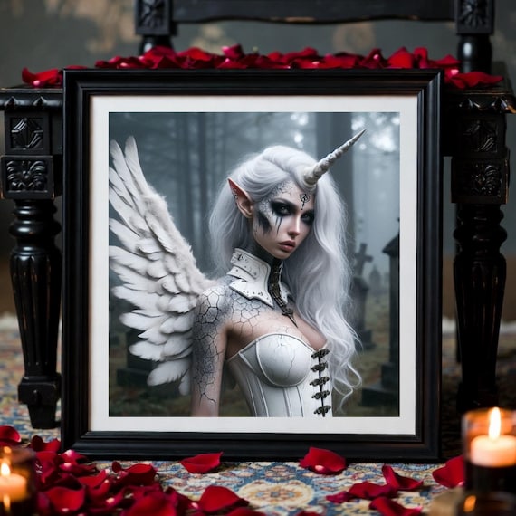 Fantasy Art Print: Gothic Unicorn Elf - Dark Fallen Angel