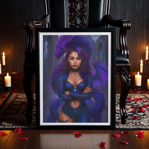 Purple Dragon & Sorceress Printable Wall Art - Gothic Majestic Fantasy Dragon Print - Digital Download