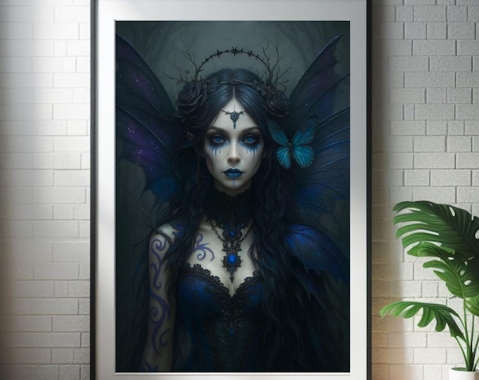 Dark Fairy Printable Art - Gothic Cosmic Wings with Blue Rose Crown