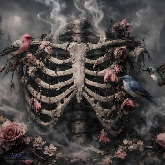 Gothic Ribcage Printable Wall Art - Dark Botanical Bones - Surreal Macabre Scenery Instant Print