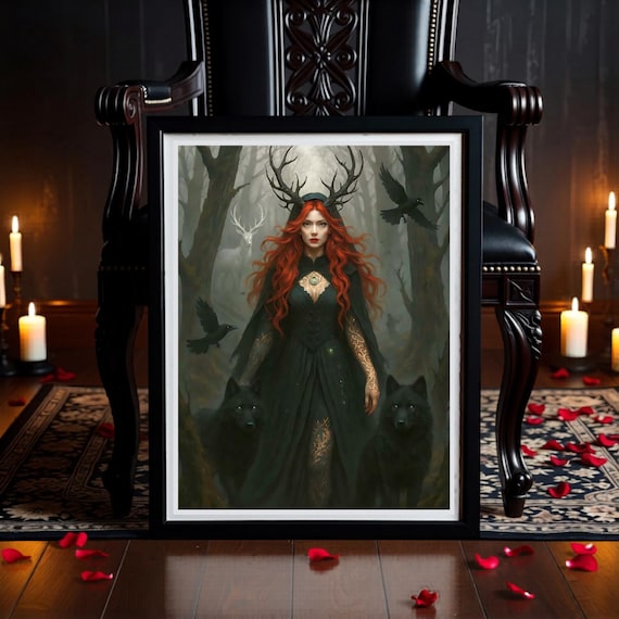 Gothic Forest Queen Wall Art Printable - Dark Fantasy Wolf Print - Witchy Bedroom Decor