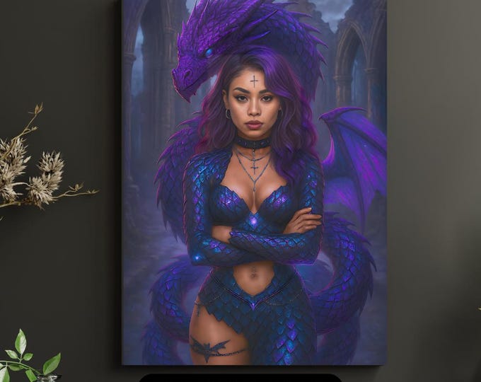 Purple Dragon & Sorceress Printable Wall Art - Gothic Majestic Fantasy Dragon Print - Digital Download