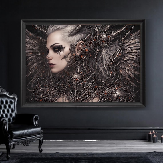Cyber Gothic Archangel Art • Dark Seraph Winged Guardian Print • Gothic Sci‑Fi Wall Decor