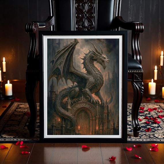 Dark Gothic Dragon Wall Art - Infernal Hell Gatekeeper Print - Fantasy Dragon Decor