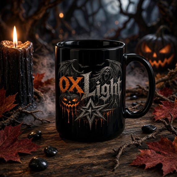oxLight Halloween Ceramic Mug – Gothic Jack‑O’-Lantern Cup, Ghost & Bat Art, Witchy Gift