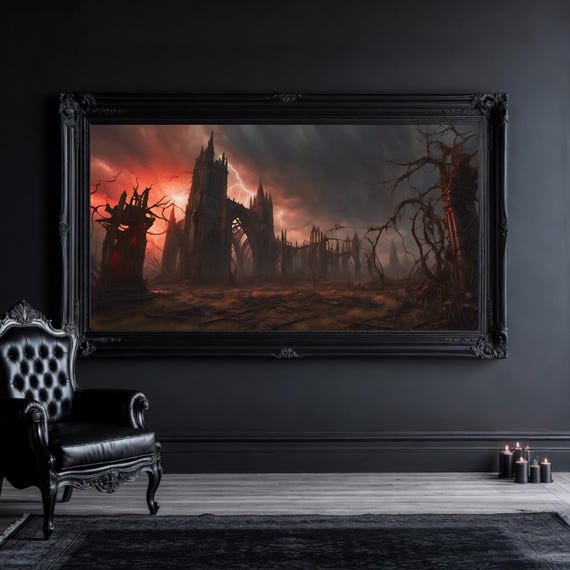 Church Ruin Wall Art: Stormy Red Sky Landscape (Instant Download)