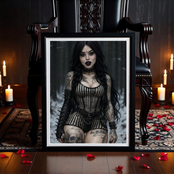 Gothic Snow Maiden Artwork: Dark Tattooed Woman in Winter Forest