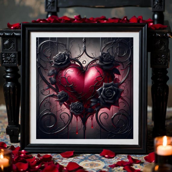 Gothic Heart Art Print - Black Roses with Thorns, Dark Romance