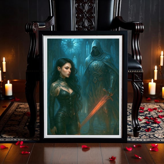 Gothic Knight and Maiden Wall Art Printable, Medieval Warrior Decor, Gaming Room Print