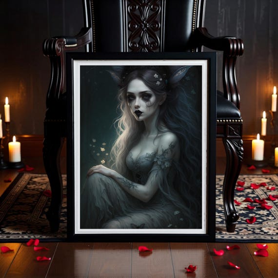 Gothic Dark Fantasy Wall Art Print •  Pale Witch Deathbloom Queen • Witchcore Decor • Instant Download