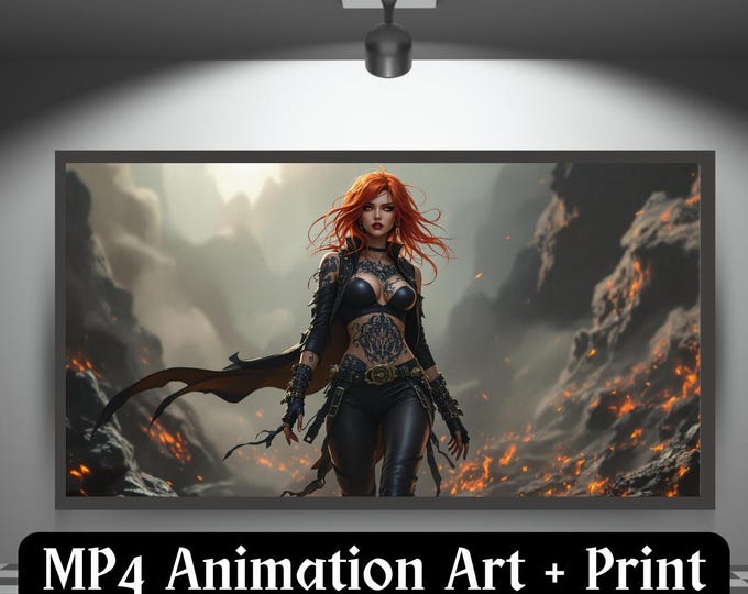 Fantasy Anime Warrior Queen, Red Hair, Volcanic Scene (Digital Art+MP4 Loop)