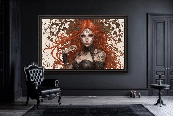Red-Haired Ivy Fairy Art Print: Gothic Woodland Enchantress