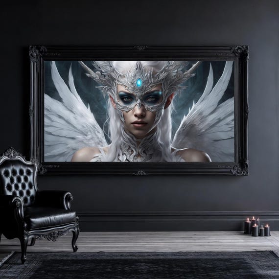 Celestial Gothic Angel Printable Art: Silver Masked Goddess, Blue Orb