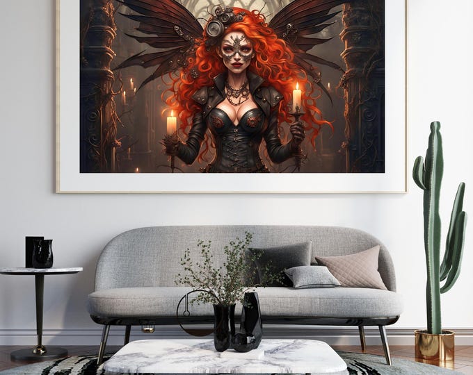Steampunk Fairy Art Print: Red-Haired Nymph with Mask and Flames