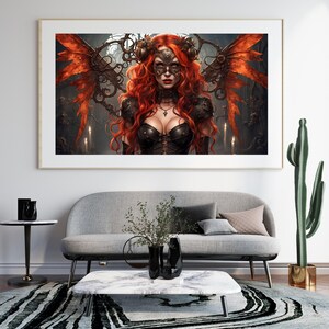 Steampunk Winged Nymph Art Print: Red-Haired Ember Flame Fairy