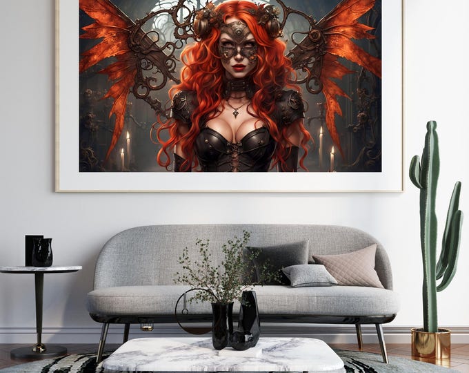 Steampunk Winged Nymph Art Print: Red-Haired Ember Flame Fairy
