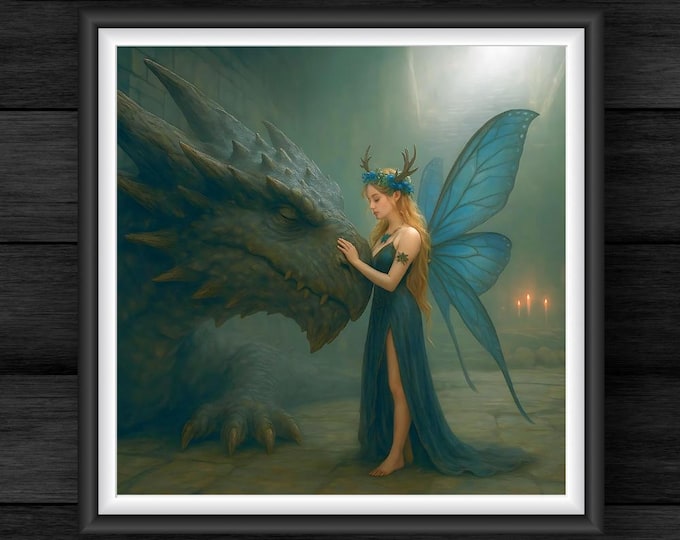 Fantasy Blue Fairy and Ancient Dragon First Meet Printable - Mystical Creatures Companionship - Digital Download