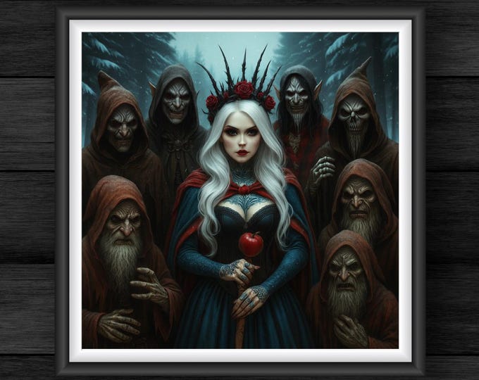 Gothic Fantasy Print: Snow White and Evil Dwarfs - Dark Fairytale Art